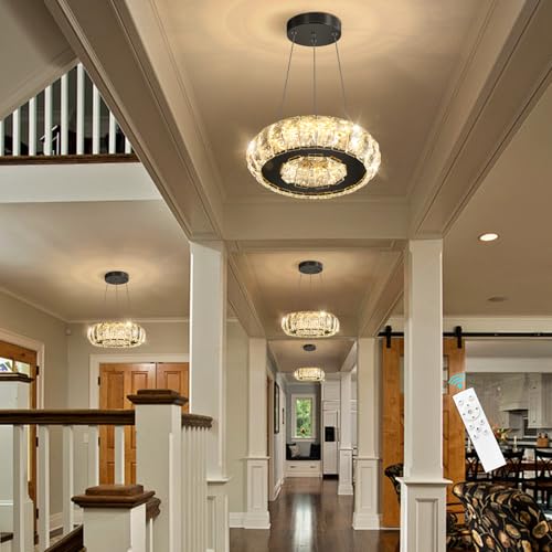 HAIXIANG LED Ring Chandelier Modern Pendant Lights for Kitchen Island Dining Room Remote Dimmable Hanging Light Entryway Bedroom Crystal Lighting Black Chandeliers by HAIXIANG - Used condition - Image 8