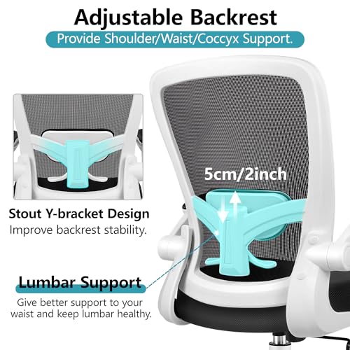 FelixKing Office Chair, Ergonomic Desk Chair Breathable Mesh Chairs Adjustable High Back Lumbar Support Flip-up Armrests, Executive Rolling Swivel Comfy Computer Chairs Home Office White
