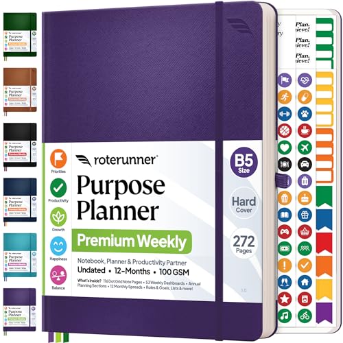 Roterunner Purpose Planner Notebook B5 7.5x9.8 12 Month Undated 2026 Daily Weekly and Monthly Productivity Goal Setting Tool for Work Home ADHD Planner for Adults Self Care Journal