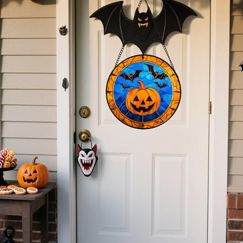 Image of Stained Glass Window Hanging - Halloween Evil Pumpkin Suncatcher for Doors Window Garden Indoor Spooky Brown Bat Sun Catchers Gothic Decor Horror Gifts for Women Men Friend Boy Girl 15 in
