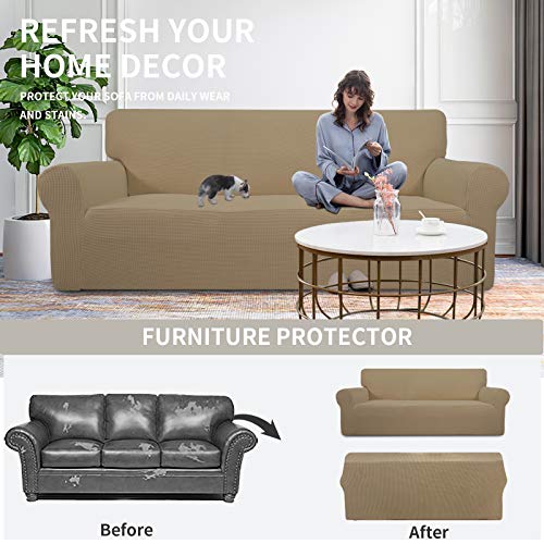 Image of Easy-Going Stretch Oversized Sofa Slipcover 1-Piece Sofa Cover Furniture Protector Couch Soft with Elastic Bottom for Kids, Polyester Spandex Jacquard Fabric Small Checks Tan