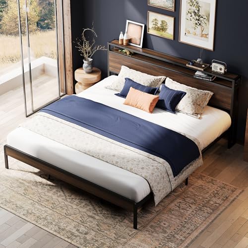 Image of LIKIMIO California King Bed Frame with Headboard, Dark Wood Camas California King with Strong Supports, Sturdy, Noise-Free, No Box Spring Needed, Dark Walnut