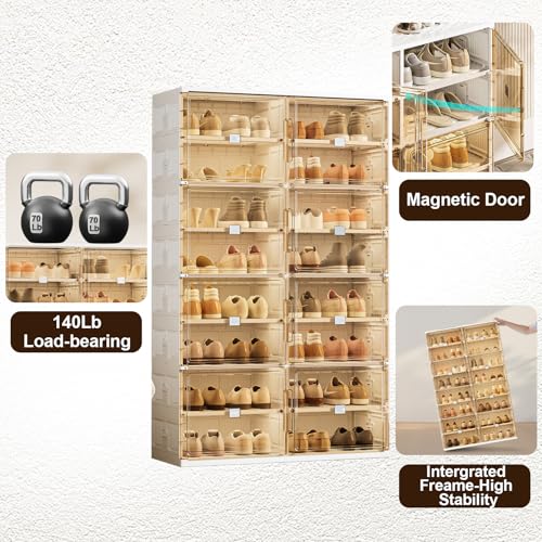 Image of 24 Pairs Shoes Storage Cabinet of 3-Step Fast Installation,Plastic Shoe Box with Clear Magnetic Door for Display, Shoe Organizer for Sneaker, Sandals, Heels (2 Row, 6 Tier)