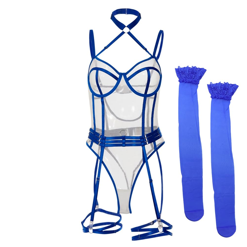 Ensemble de Lingerie Sexy pour Femme, Ensemble Soutien-Gorge et Culotte Sexy avec Bas Hauts (Bleu)