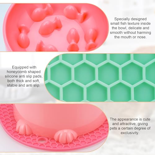 Hejo Erhöhte Futternäpfe für langsames Fressen mit rutschfester Matte, erhöhter Futternapf für Nackenstütze, ergonomische Kunststoff-Futternäpfe in Rosa und Grün, 2 Stück