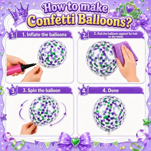Image of Purple Green White Balloons, 50Pcs 12 Inch Theme Party with Confetti Latex