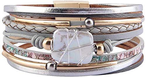 gujiu Tribal Bracelet Baroque Pearl Leather Cuff Bracelet Multi Strand Wrap Bracelets Magnetic Bohemian Bracelet for Women, Wife, Sister