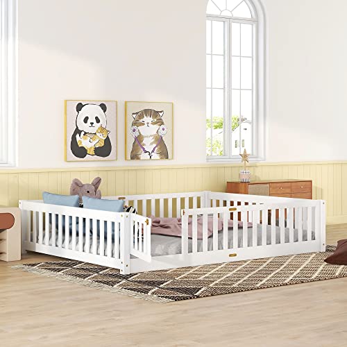 Image of Queen Size Floor Bed Frame, Wood Montessori Beds with Fence Railings, White