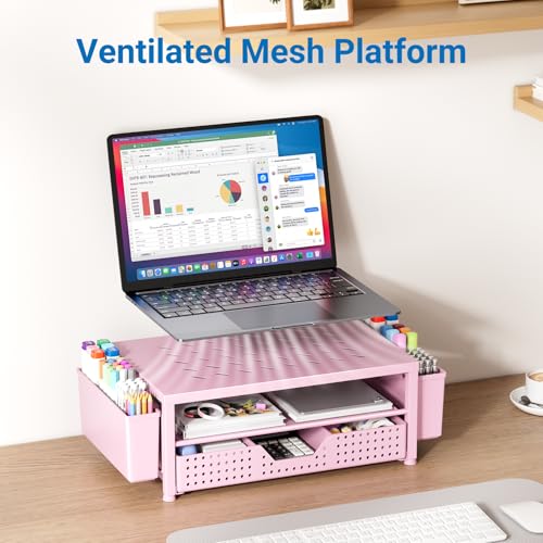 Image of OPNICE Laptop Stand for Desk Organizer and Accessories, 2-Tier Computer Monitor Stand Riser with Drawer and 2 Pen Holders, Ventilated Perforated Steel Top, Office Desk Accessories for Home Office Supplies, Pink