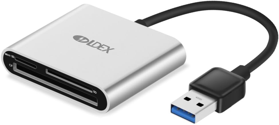 Ldex SD Card Reader Aluminum Superspeed USB 3.0 Multi-In-1 Card Reader for SD Card/CF Card/Micro SD Card and More with 4ft Cable suitable with Desktop-Silver