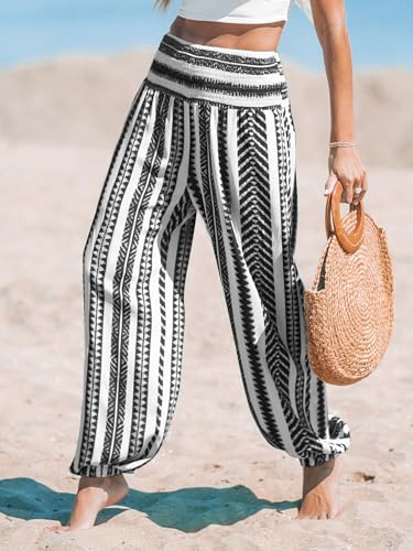 CUPSHE Women Pants Smocked Waist Pants Tapered Leg Pant Loose Fit Long Trousers Casual Beach3