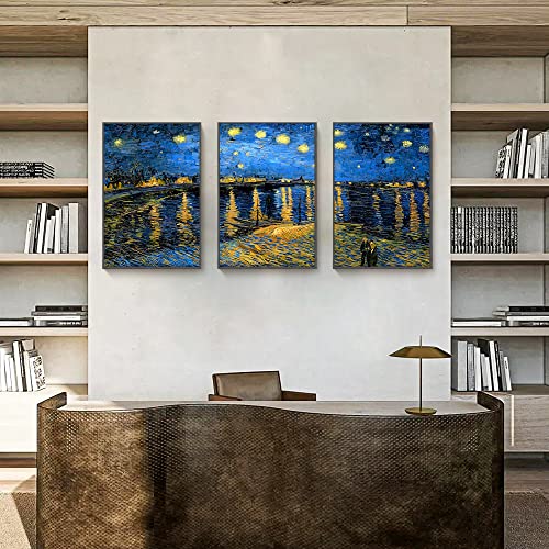 Jenesaisquoi Framed Canvas Wall Art Of Van Gogh Oil Paintings - Starry Night Over The Rhone - Impressionism Aesthetic Canvas Prints Wall Paintings For Living Room Bedroom Office ( 12" X 16" X 3 Pcs Black Frame, Style2 ) #TOP3