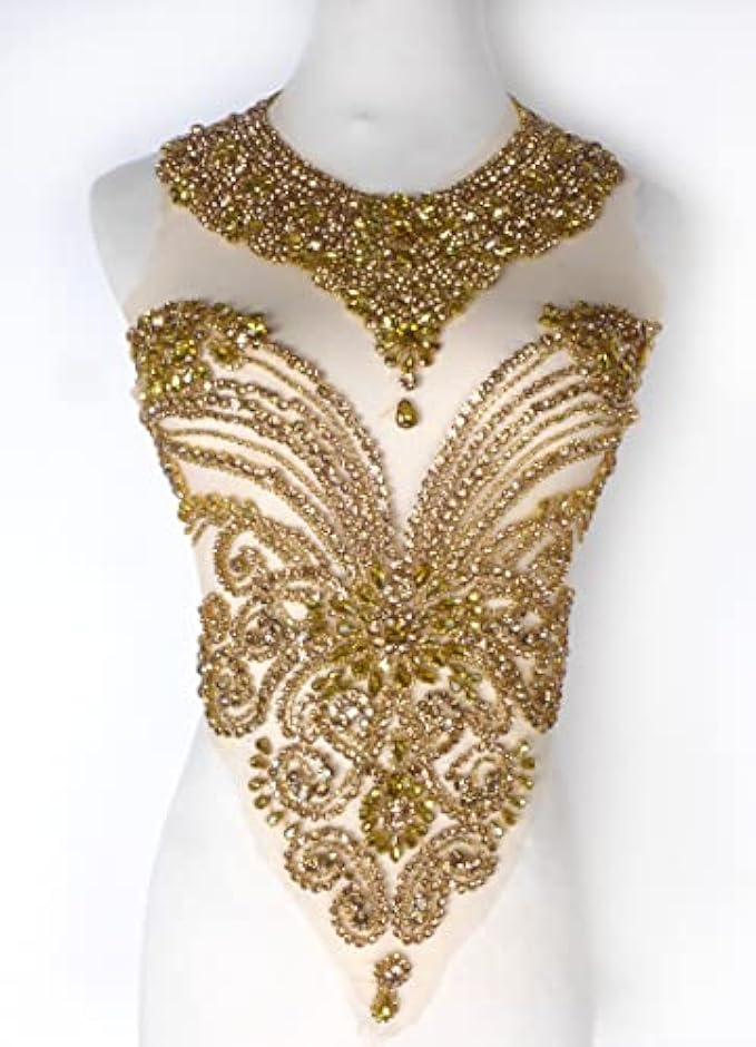 Labellezalady New Gold Silver Rhinestones Bodice and Neck Applique Handmade Glass Crystal Applique Patch for Dress Cloth by Piece