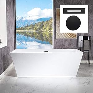 WOODBRIDGE 67″ Acrylic Freestanding Bathtub Contemporary Soaking White Tub with Matte Black Overflow and Drain，BTA1512-MB-Drain&O