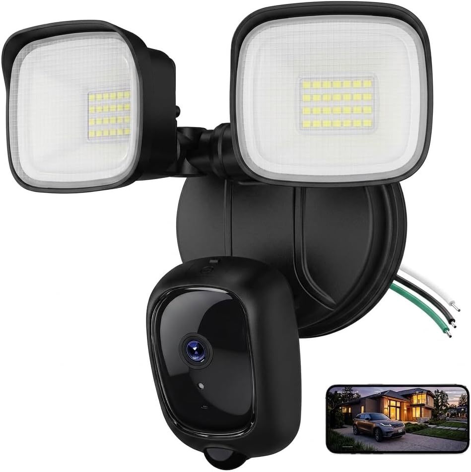 2K Hardwired Flood Light Camera, 3500LM Dual-Head Outdoor Security Camera with Color Night Vision, 5G/2.4G WiFi, PIR Motion Detection, Siren, 2-Way Audio, IP65, Compatible with Alexa, Black
