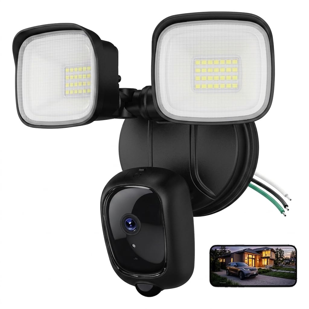 2K kabelgebundene Flutlichtkamera, 3500 lm Dual-Head Outdoor-Sicherheitskamera mit Farb-Nachtsicht, 5G/2,4G WLAN, PIR-Bewegungserkennung, Sirene, Zwei-Wege-Audio, IP65, kompatibel mit Alexa & Google