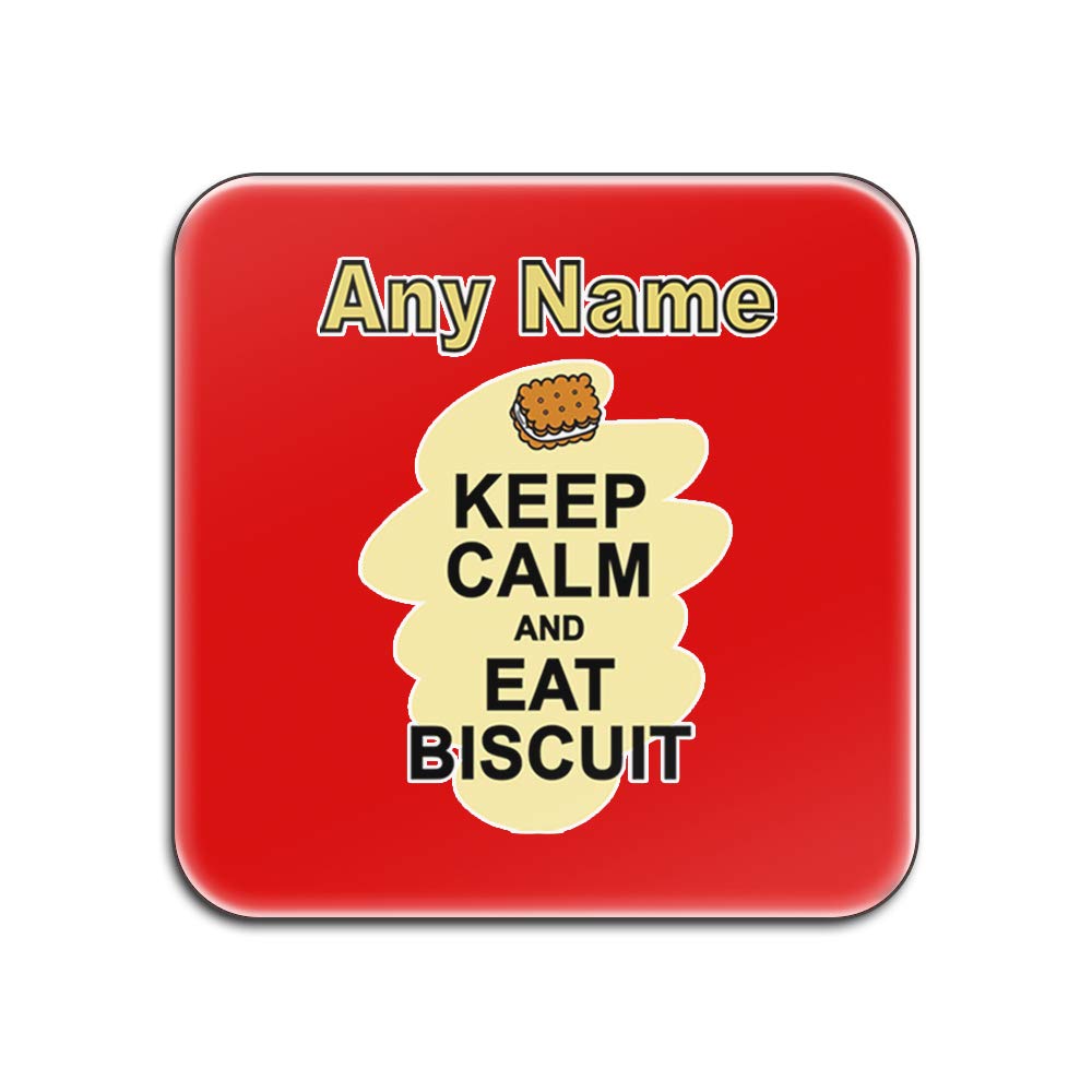 Personalised Gift - Keep Calm Eat Biscuit Square Gloss Coaster (Food Design Colour) Any Name Message Unique Mat Pad - Carry Poster Party Diet Snack Cake Chocolate Fish Fruit Veg Pizza Chips