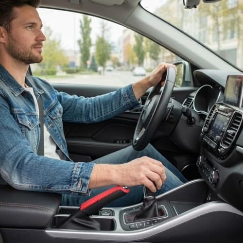Image of STHIRA Universal Car Handbrake Cover Leather Hand Sewn Brake Lever Protective Elastic Fit for Most Vehicles