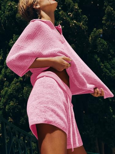 Image of Tankaneo Womens Sweater Set 2 Piece Outfits Oversized 3 /4 Sleeve V Neck Knit Tops High Waisted Shorts Lounge Sets