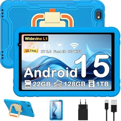 JUEDUR Android 15 Tablet 10 Pulgadas 22GB RAM+128GB ROM Control Parental 8000 mAh 8-Core 5MP+8MP con 5G Wifi6 Protective Antichoque Eva Estuche Protector + Soporte Giratorio de 360° Azul