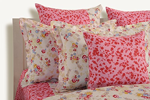 Image of Swayam Pure Cotton King Fitted Bedsheet with 2 Pillow Covers | Size 72 x 78 x 10 inch | 160 TC | Floral Design | Soft Breathable Bed Sheet | Comfortable & Durable for Bedroom - Cream & Pink