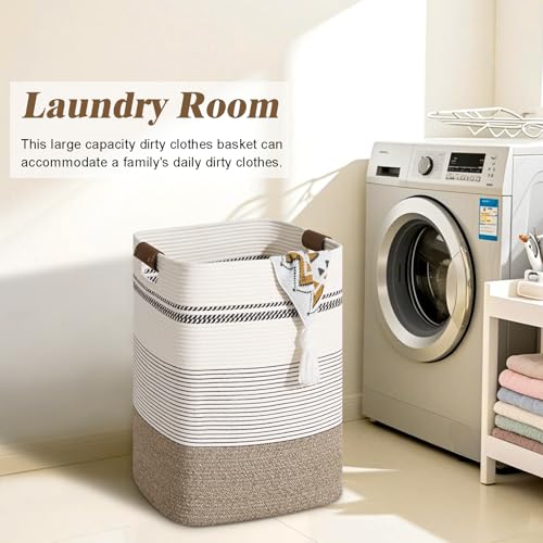 Image of Laundry Hamper, 85L Tall Laundry Basket with Leather Handles, Rectangle Large Clothes Hamper for Organizing, Cotton Woven Laundry Baskets Storage Hampers for Bedroom, Nursery, Living Room