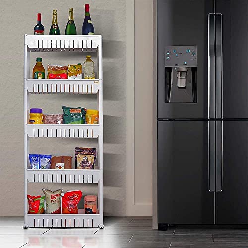 Image of 5 Layer Storage Organizer Slim Rack and Shelf with Wheels for Easy Slide| Unbreakable Plastic, white