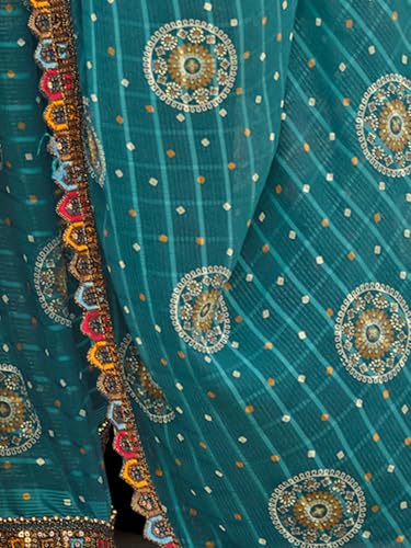 Image of Satrani Women's Georgette Bandhani Printed Sequence Lace Work Scalloped Border Saree with Unstitched Blouse Piece