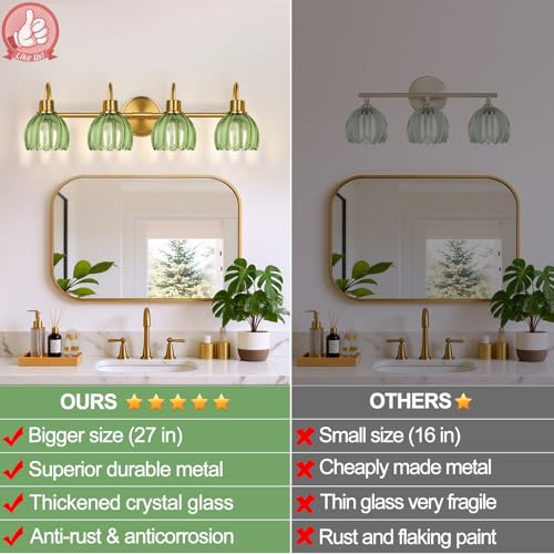 Image of 4-Light Bathroom Light Fixtures, 27 inch Brushed Gold Vanity Lights for Bathroom with Ribbed Green Tulip Glass Shade, Vintage Bathroom Vanity Lighting Fixtures Over Mirror for Bedroom Living Room Hallway