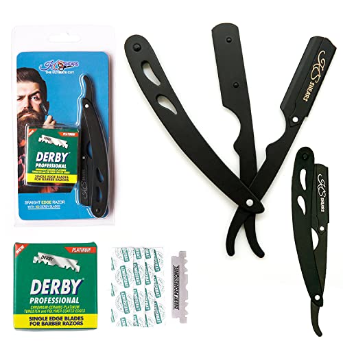 KS SHEARS Straight Razors For Men Kit - Mens Straight Razor Shaving Kit with 100-Pack Derby Platinum Blades, Barber Straight Razor with Safety Straight Razor Blades, Barber Razor For Men - Black
