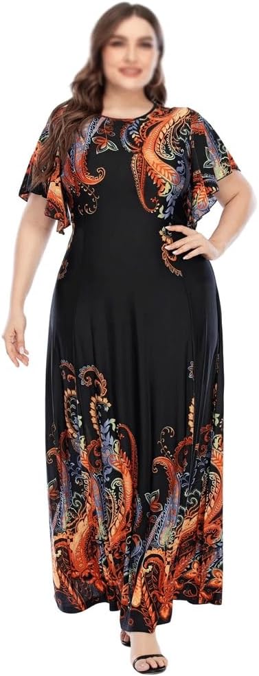 JSEIAJB Women Clothing Women O Neck Short Sleeve Retro Printing Vintage Dress Maxi Long Dresses