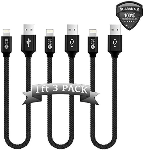 Lightning Cable 3 Pack 1FT Iophi iPhone Charging to USB Nylon Braided 2.4A High Speed Heavy Duty Aluminum Connector Charge Sync Cable for iPhone 7 / 7 Plus / 6 / 6s / 5 5s 5c SE / iPad / iPod - BLACK