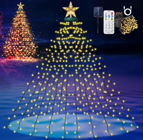 Solar Christmas Tree Lights with Star Topper, 410 LED 6.6FT x 16 Lines Christmas String Lights with 8 Models Timer Remote, Waterfall Tree Lights USB Powered for Xmas Tree, Warm White