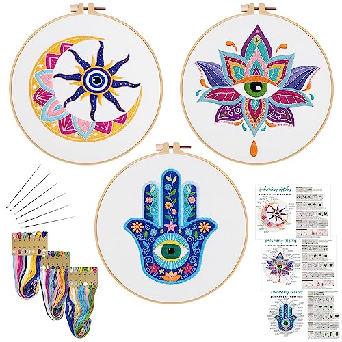 Image of Louise Maelys 3 Set Tarot Evil Eye Embroidery Kits for Beginners,Adults Starter Cross Stitch Kit DIY Needlepoint with Hamsa Hand Sun Moon louts Flower Pattern