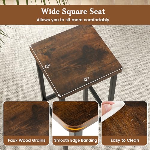 Image of COSTWAY Industrial Bar Stools Set of 4, 26 inch Backless Square Breakfast Bar Chairs with Metal Frame and Footrest, Counter Height Stools for Kitchen Island Dining Room Living Room, Rustic Brown