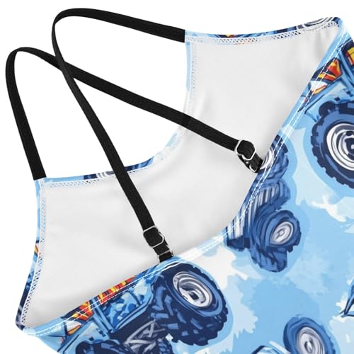 Pigsaly Girls One Piece Swimsuits Blue Monster Truck Cars Kids Cross Back Swimwear Toddler Beach Sport Bathing Suit 3T4