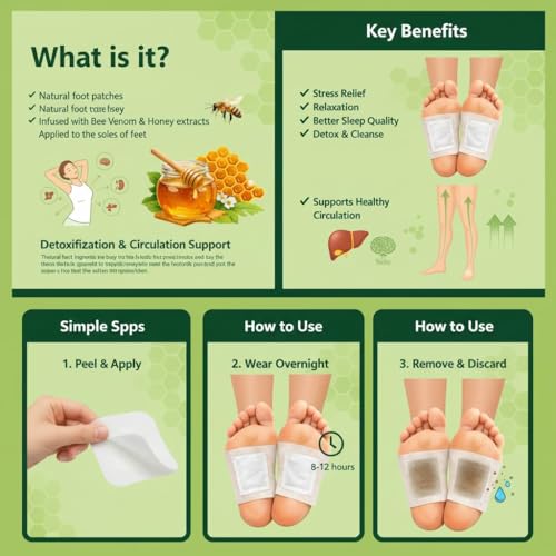 Image of Umite Chef Bee Venom Foot Patch for Detox & Stress Relief | Natural Detox Foot Patches for Better Sleep, Body Pain Relief & Relaxation | Herbal Vain Patch (20 Patches)