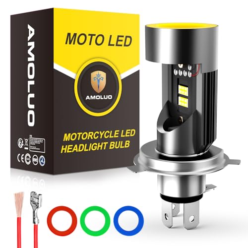 AMOLUO H4 LED Moto de Phare,Yeux D'ange Interchangeables 5 Couleurs,Toujours Allumé Feux de Circulation Diurnes,30W 6000K DC12-36V,1 Lampe