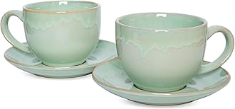 Bosmarlin Ceramic Cappuccino Cup and Saucer Set of 2, 10 Oz, Coffee Cups for Latte, Espresso, Tea, Dishwasher and Microwave Safe, Reavtive Glaze (Green)