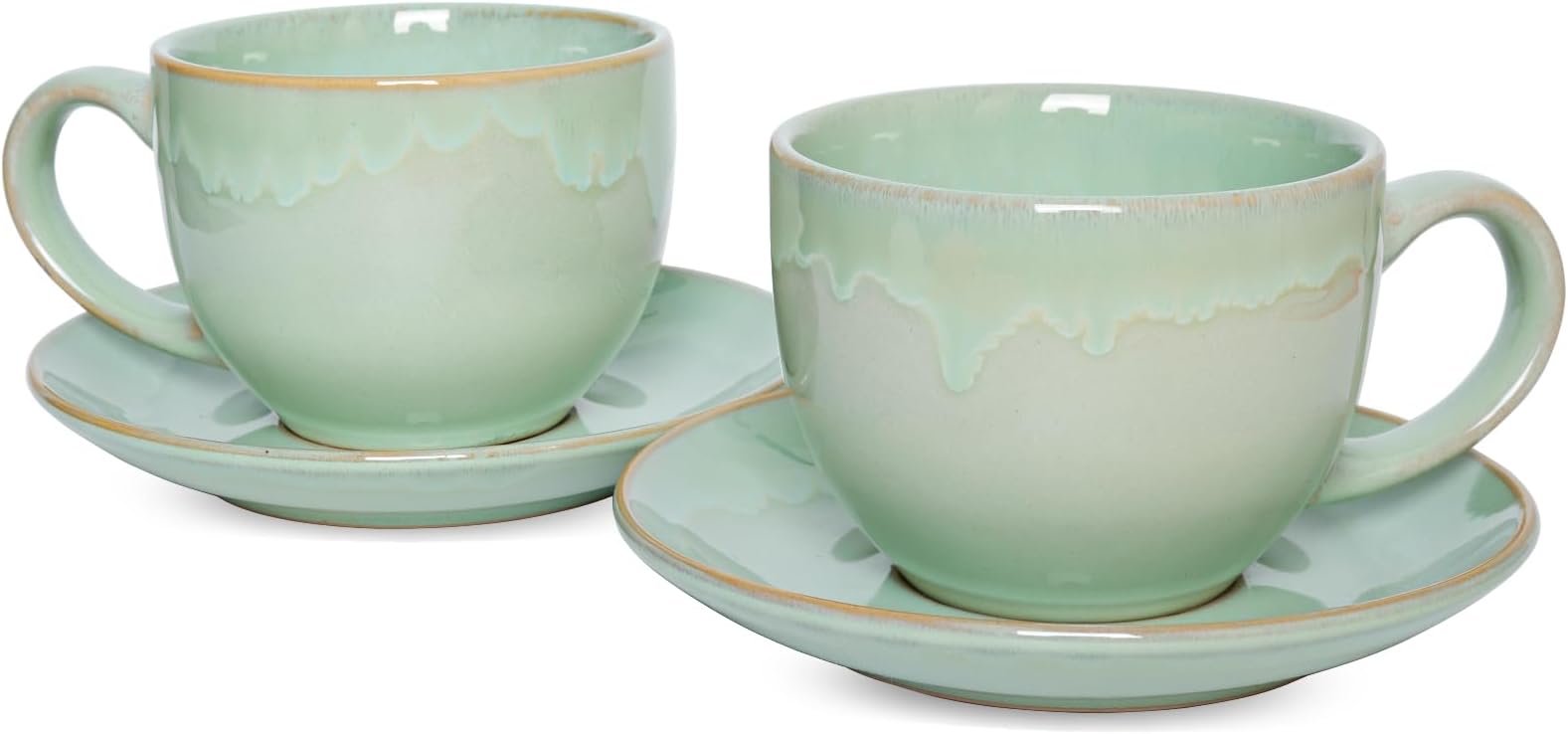 Ceramic Cappuccino Cup and Saucer Set of 2, 10 Oz, Coffee Cups for Latte, Espresso, Tea, Dishwasher and Microwave Safe, Reavtive Glaze (Green)