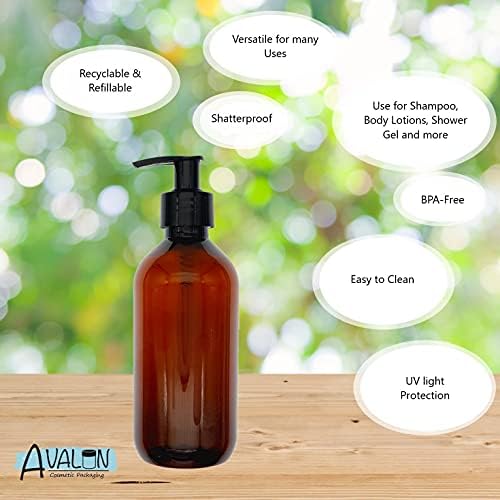 Avalon Amber Brown Plastic Bottles 300ml Lightweight Soap Lotion Dispensers with Black Plastic Pump (BPA-Free) Shatterproof Safe Bottles  Reusable Refillable Recyclable, Sustainable Living - 4 Pcs