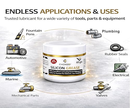 Image of CHEMZO Silicone Lubricating Grease with PTFE | White, 60 g | 100% Synthetic Grease | Dielectric | Multi purpose | Moisture Resistant, Non-Staining Formula | Excellent sound dampening |
