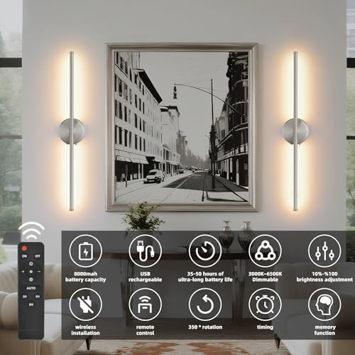 Image of Battery Operated wall Sconce Set of 2, Brushed Nickel 27.5 inch LED USB Rechargeable dimmable wall Sconce with Remote Control, Rotate 350 for Living Room, Bedroom, Hallway and scones Lighting