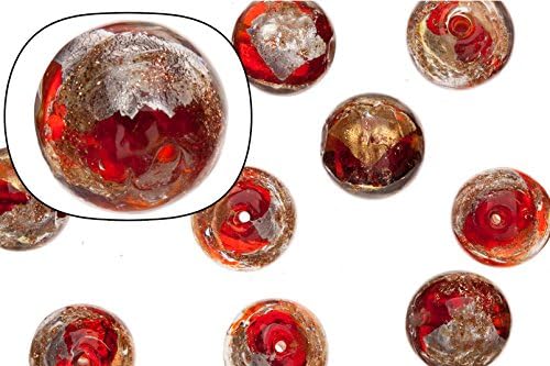 Glass Beads, red with Gold and Silver-Colored foil Finished with Golden Glitter, 14mm Round Sold per 12 pcs/String