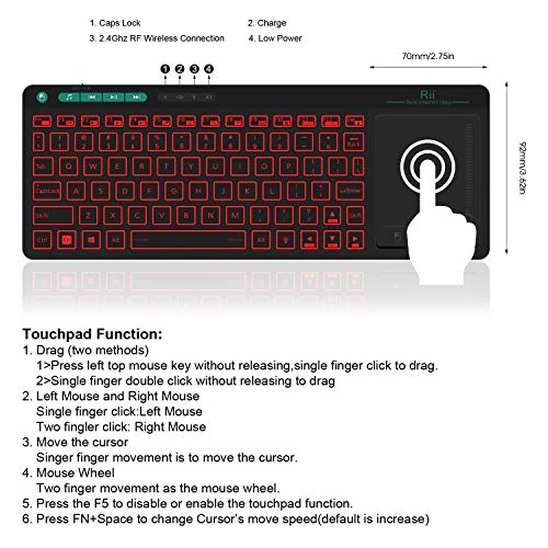 Rii K18 Plus Wireless 3-Led Color Backlit Multimedia Keyboard With Multi-Touch Big Size Trackpad,Rechargable Keyboard For Android Tv Box,Pc,Smart Tv,Xbox,Raspberry Pi, Htpc Iptv,Windows, Macos (2.4G) #TOP1