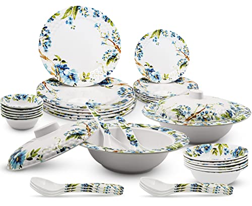 Konvio Floral Design Melamine Unbreakable Dinner Set Collection of Microwave Safe Plates, Bowls and Spoons (34 Pieces, Blue Floral Design)