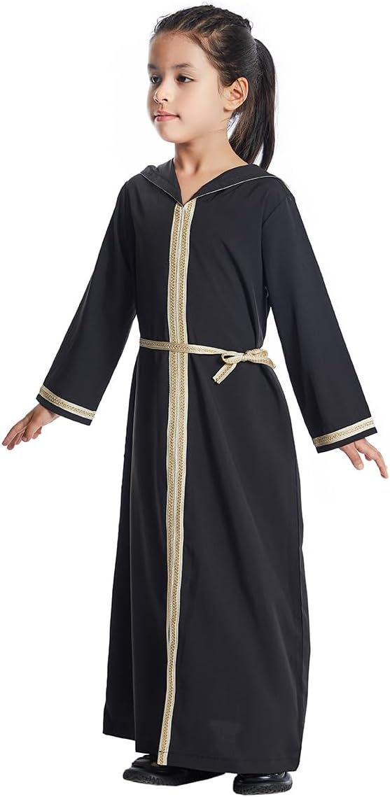 ODIZLI Kids Girls Abaya Long Sleeve Hooded Maxi Dress Dubai Islamic Dress Casual Dress