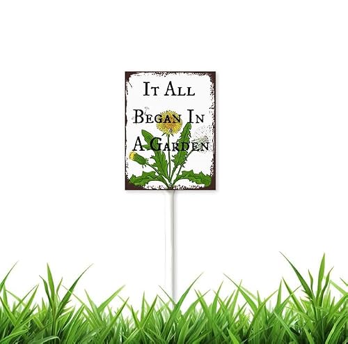 4.6 x 6 inch It All Began In A Garden Sign with Stake, Outdoor Indoor Patio Tags Garden Stakes Supplies for Potted Plant