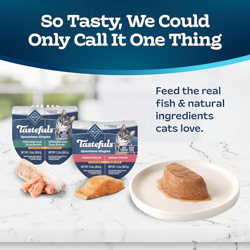Image of Blue Buffalo Tastefuls Spoonless Singles Variety Pack, Wet Cat Food Pate, 2.6-oz. Twin-Pack Trays, Whitefish /Tuna & Salmon Entree (12 Count)