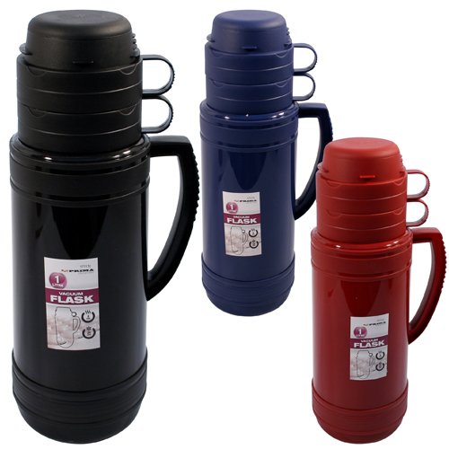 Hot & Cold 1 litre Vacuum Flask - Tea,Coffee, Drink, Food, Thermos, Carry, Warm, Cool, Grip Handle, litre, Thermo | Durable, Long Lasting | Travel Camping Hiking (Black)